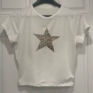 White T-Shirt with Leopard Star Girls Size M